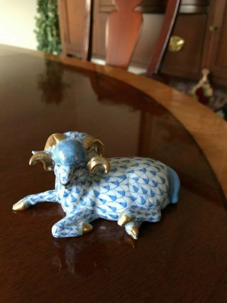 Herend Lying Ram Figurine Blue Fishnet With Gold Accent