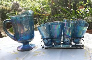 Iridescent Carnival Glass Pitcher And 8 Glasses