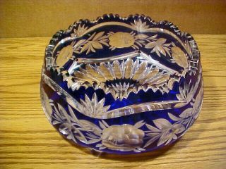Vintage Cobalt Blue Art Glass Bohemian Czech Cut To Clear Crystal 8 " Candy Bowl