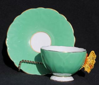 Aynsley Butterfly Handle Bone China Green Footed Cup & Saucer Gold Trim England