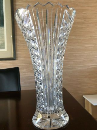 Vintage Ceska Czech Cut Crystal Vase Signed Diamond Pattern 11 " Czechoslovakia