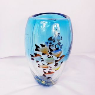 Murano Aquarium Hand Blown Art Glass Vase Blue Multicolor Heavy Approx 8 " H.
