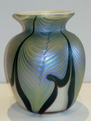 Vintage Okra Glass One Off Iridescent Feathery Vase Signed Richard P Golding