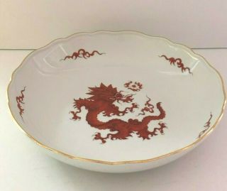 Large Red Dragon Meissen Shallow Round Serving Bowl W/gold Detailing