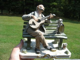 Rare Capodimonte Italian Porcelain Figurine Man On Bench Playing Guitar & Dog
