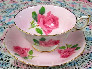 Paragon Pink Cabbage Rose Gold Trim Wide Tea Cup And Saucer