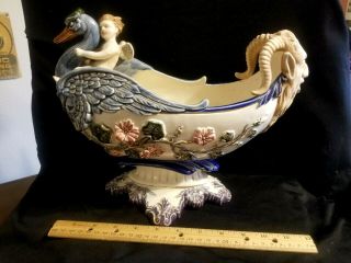 Rare Eichwald Art Nouveau Majolica Pottery Swan Boat Angel Demon Magnificent