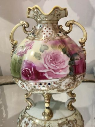 Antique Nippon Pink Rose Handpainted Jeweled Moriage Vase Blue Maple Leaf Mark