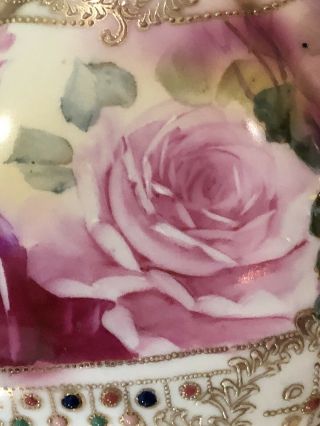 Antique Nippon Pink Rose Handpainted Jeweled Moriage Vase Blue Maple Leaf Mark 2