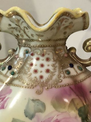 Antique Nippon Pink Rose Handpainted Jeweled Moriage Vase Blue Maple Leaf Mark 3