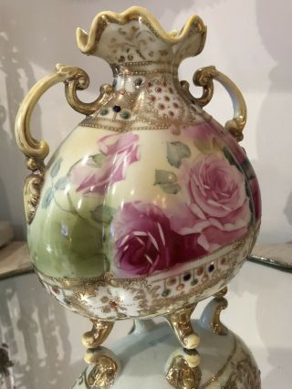 Antique Nippon Pink Rose Handpainted Jeweled Moriage Vase Blue Maple Leaf Mark 5