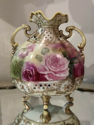 Antique Nippon Pink Rose Handpainted Jeweled Moriage Vase Blue Maple Leaf Mark 7
