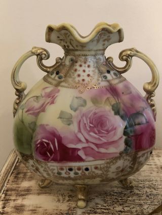 Antique Nippon Pink Rose Handpainted Jeweled Moriage Vase Blue Maple Leaf Mark 8