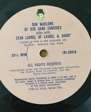 Stan LAUREL & HARDY Lost Interview Don Marlowe 45 rpm Record Telephone Recording 2