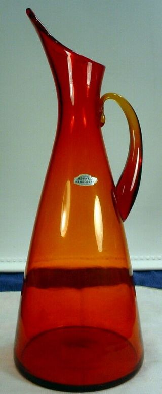 Vintage Blenko Mid Century Modern Art Red Glass Applied Handled Pitcher Vase