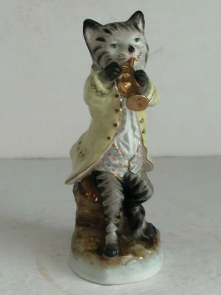 Antique Dresden Porcelain Animal Monkey Band Figurine Cat With Trumpet 6 "
