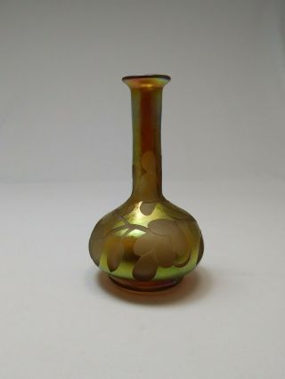 Lundberg Studios Iridescent & Etched Art Glass Vase Signed 1983