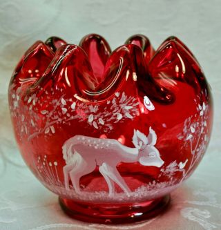 Fenton,  Rose Bowl,  Cranberry Glass,  Mary Gregory,  Hand Decorated,  Limited Ed.