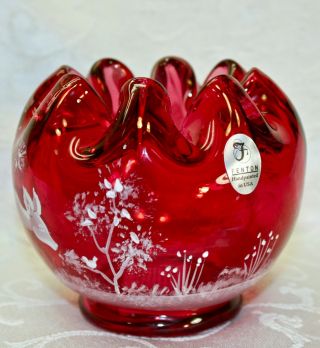 Fenton,  Rose Bowl,  Cranberry Glass,  Mary Gregory,  Hand Decorated,  Limited Ed. 2