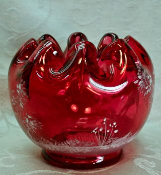 Fenton,  Rose Bowl,  Cranberry Glass,  Mary Gregory,  Hand Decorated,  Limited Ed. 4