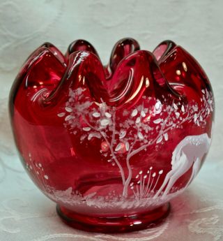 Fenton,  Rose Bowl,  Cranberry Glass,  Mary Gregory,  Hand Decorated,  Limited Ed. 5