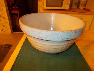 Late 1800s Early 1900s Large Sized Light Blue And White Mixing Bowl With Design
