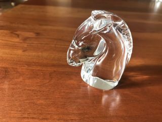 Signed Steuben Crystal Glass Horse Head Hand Cooler Paperweight.  Sidney Waugh