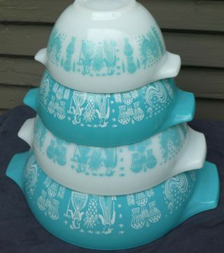 Set 4 Vintage Pyrex Amish Butterprint Turquoise Cinderella Nesting Mixing Bowl