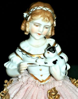 Antique German Dresden Lace Art Deco Girl Doll & Cat Kitten Porcelain Figurine