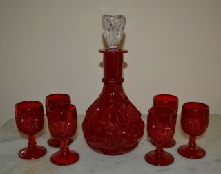 Lg Wright,  Le Smith Ruby Red Moon And Stars Wine Decanter And 6 Wine Glasses