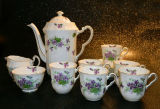 Elegant Adderley Violet Demitasse Set,  6 Cups,  Saucers,  Cream,  Sugar,  Coffee Pot