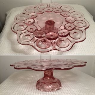 Vintage Moon & Stars Dark Pink Glass Cake Plate Pedestal Stand L.  E.  Smith Glass
