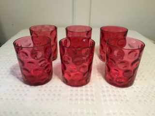 Set Of 6 Vintage Fenton Cranberry Ruby Red Glass Coin - Spot Dot Cocktail Tumblers