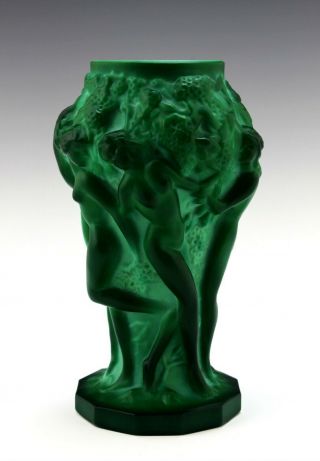 Glamorous French Art Deco Jade Malachite Glass Nude Figural Vase