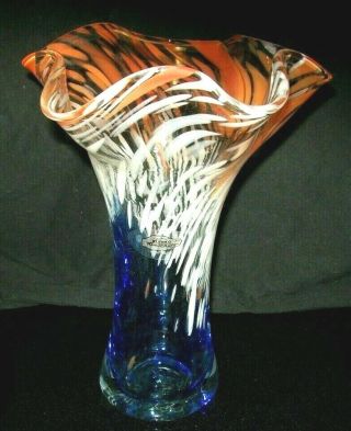Vintage Hand Blown Blenko Multi - Colored Optical Ruffled Edge Vase