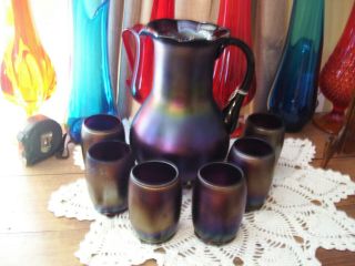 Fenton Purple Irridescent Water Set.  Pitcher And 6 Tumblers