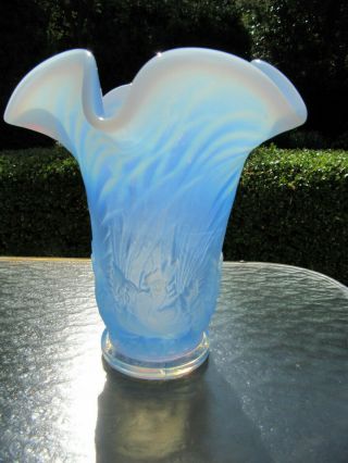 7 1/2 " Duncan Miller Glass Blue Opalescent Footed Ruffled Chanticleer Vase