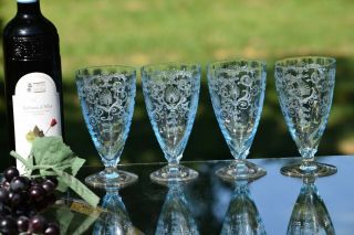 Vintage Etched Crystal Blue Cocktail Glasses,  Fostoria Versailles Blue 6 "