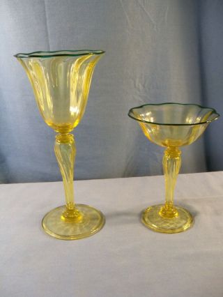 Set Of 2 Durand Art Glass Yellow Goblets Stems W/ Green Rim - Water & Champagne