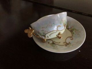 William Guerin Limoges Hand Painted Footed Cup & Saucer Dragonfly Handle Gold