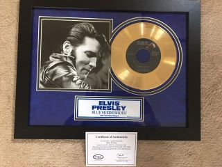 Elvis Presley Memorabilia.  Blue Suede Shoes 24 Ct Gold Plated 45 Record Framed