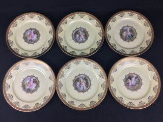 Rosenthal Set Of Six (6) 10 1/8 " Dinner Plates Muses Yellow Gold Encrusted Rims