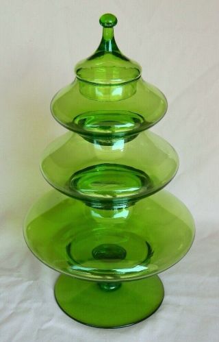 Italian Empoli Green 4 Piece Stacking Christmas Tree Glass Candy Vintage Label