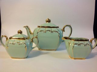 Sadler Cube Teapot Cream And Sugar Tea Set Teal Blue Gold 1922 Vintage England