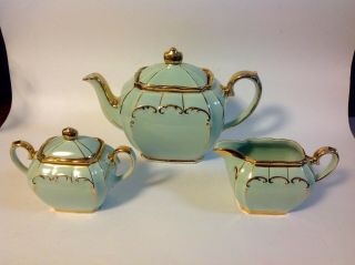 Sadler Cube Teapot Cream and Sugar Tea Set Teal Blue Gold 1922 Vintage England 2