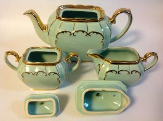 Sadler Cube Teapot Cream and Sugar Tea Set Teal Blue Gold 1922 Vintage England 4