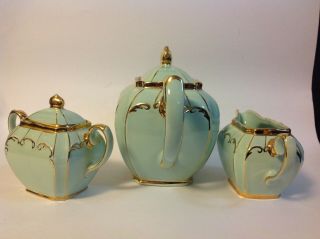 Sadler Cube Teapot Cream and Sugar Tea Set Teal Blue Gold 1922 Vintage England 6
