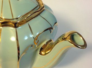 Sadler Cube Teapot Cream and Sugar Tea Set Teal Blue Gold 1922 Vintage England 8