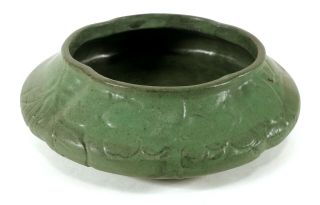 Antique Arts & Crafts Pottery Bowl Or Low Vase Matte Green Glaze Floral Texture