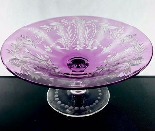 Steuben Art Glass Carder Era Amethyst Over Colorless Engraved Compote 2760 Rare
